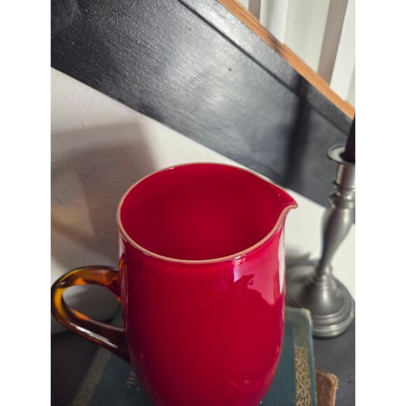 Amberina Red Glass Pitcher 8.75" Handblown Art Glass with Amber Handle Vintage - Picture 3 of 10